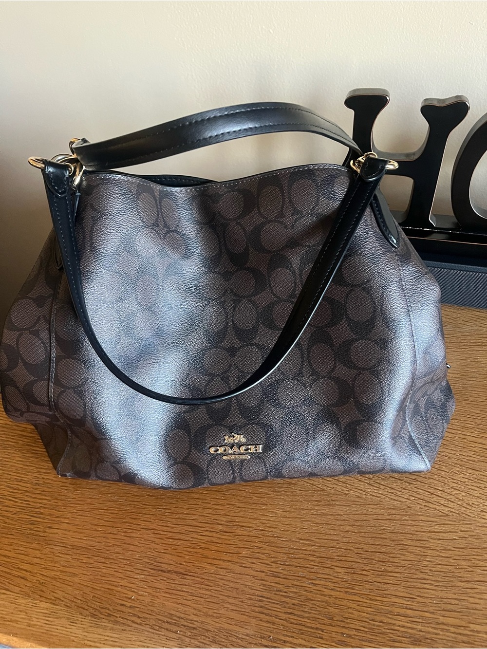 Coach Brown Signature Canvas Shoulder Bag with Black Leather Trim